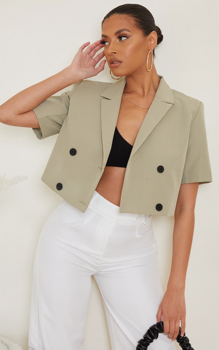 Sage Green Woven Double Breasted Cropped Short Sleeve Blazer image 1