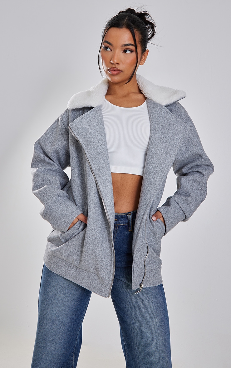 Grey Wool Look Borg Collar Biker Jacket