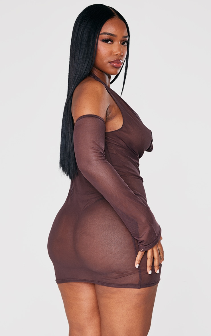 Shape Chocolate Brown Mesh Cowl Bodysuit Insert Bodycon Dress image 2
