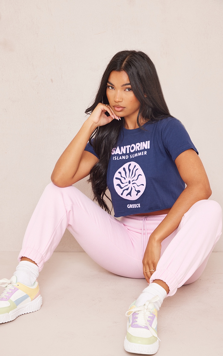 Navy Santorini Print Crop T Shirt image 3