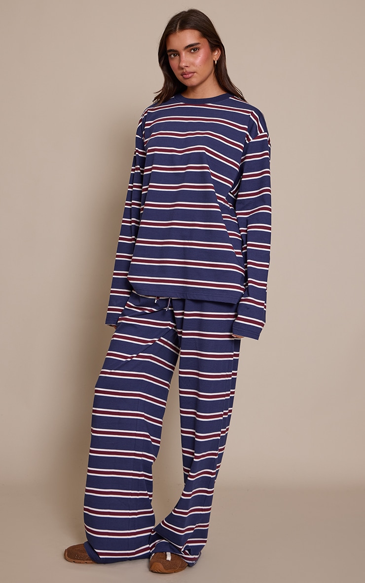 Pantalon large bleu marine à rayures et cordons ajustables image 2