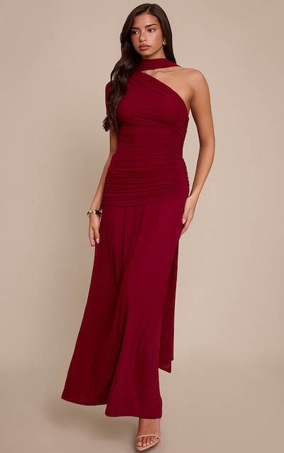 Wine Mesh Scarf Detail Ruched Maxi Dress
