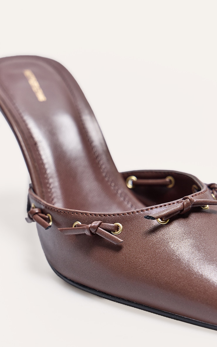 Chocolate Pu Point Toe Bow Mid Stiletto Heeled Court Mules image 4