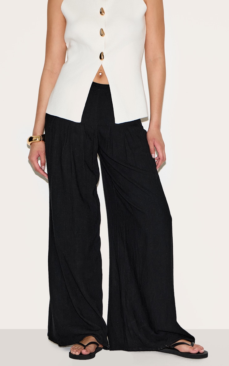 Black Linen Blend Floaty Pin Tuck Wide Leg Pants image 2