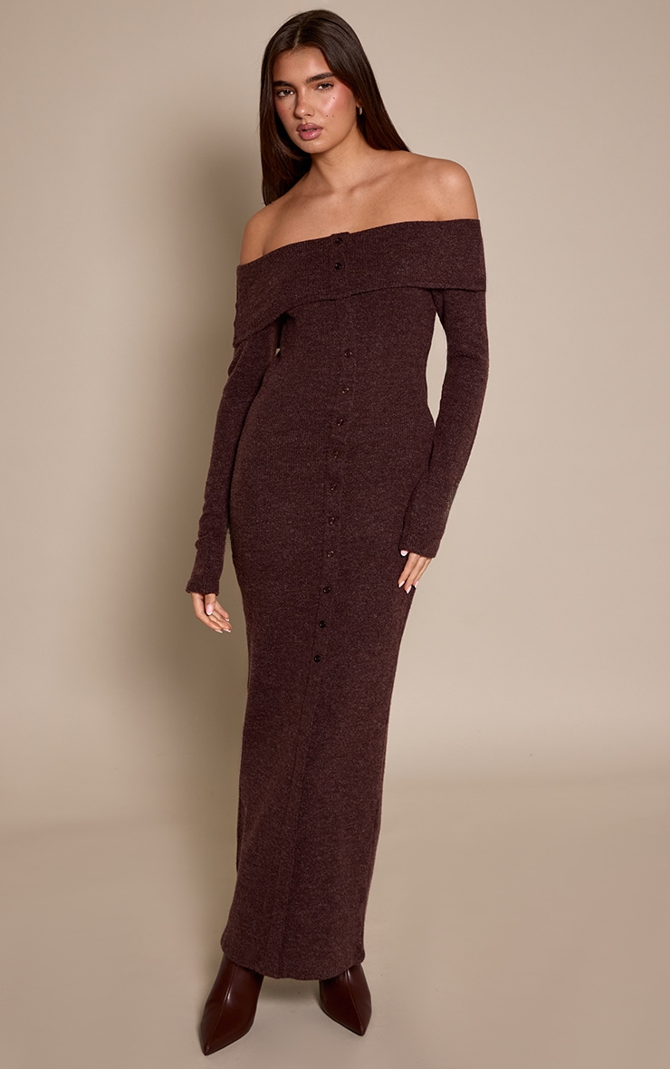 Chocolate Ribbed Bardot Button Down Maxi Dress image 3