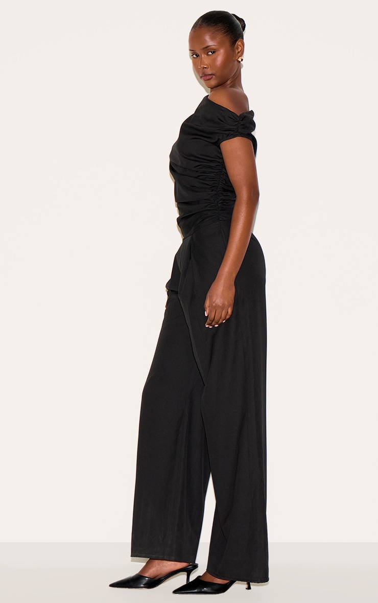 Black Woven Ruched One Sleeve Jumpsuit image 3
