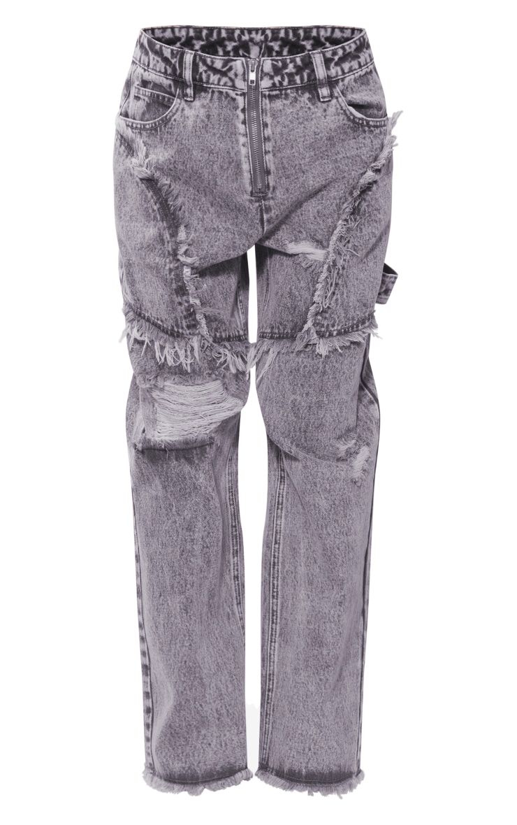Petite Washed Grey Raw Hem Detail Wide Leg Jeans image 5