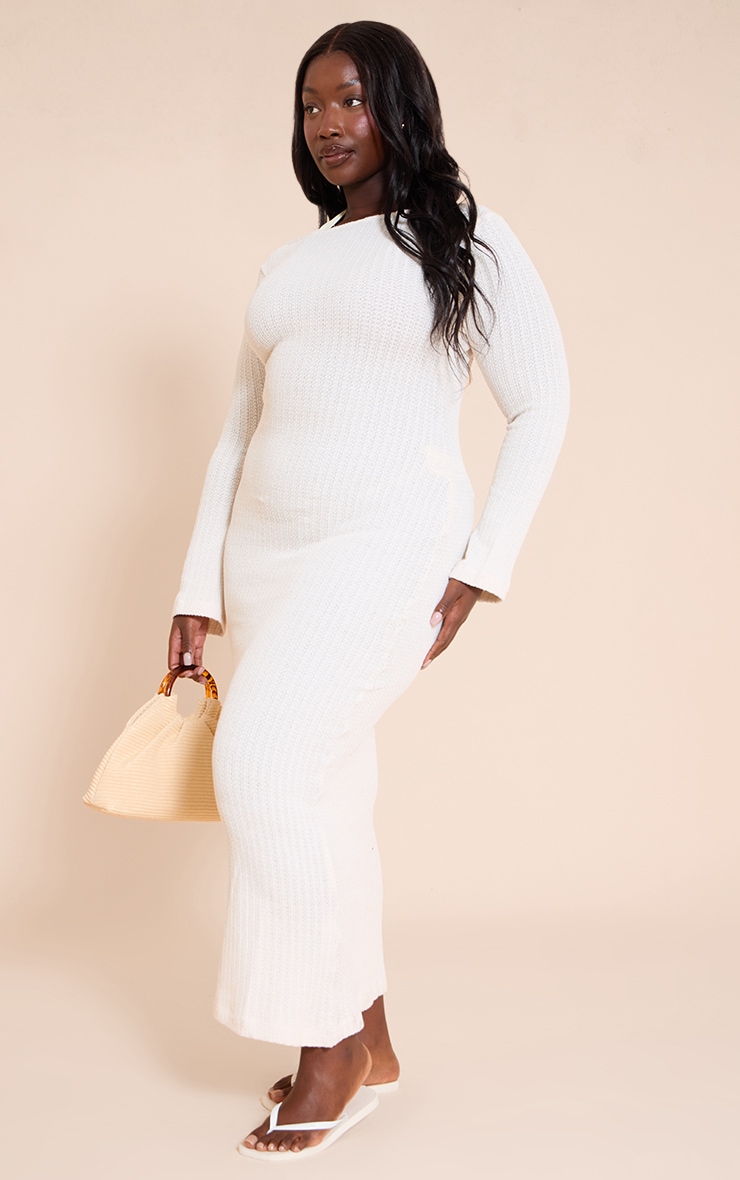Plus Cream Textured Backless Boat Neck Long Sleeve Maxi Dress image 3