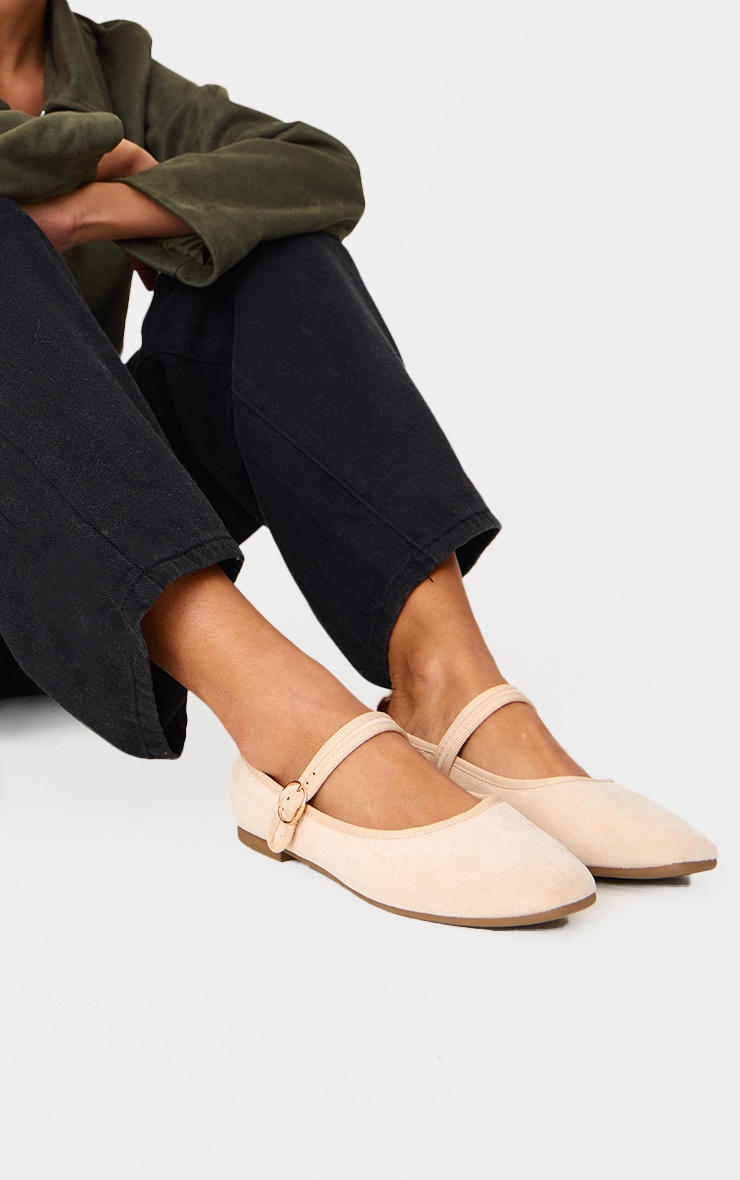 Beige Faux Suede Round Toe Buckle Ballet Pumps image 1