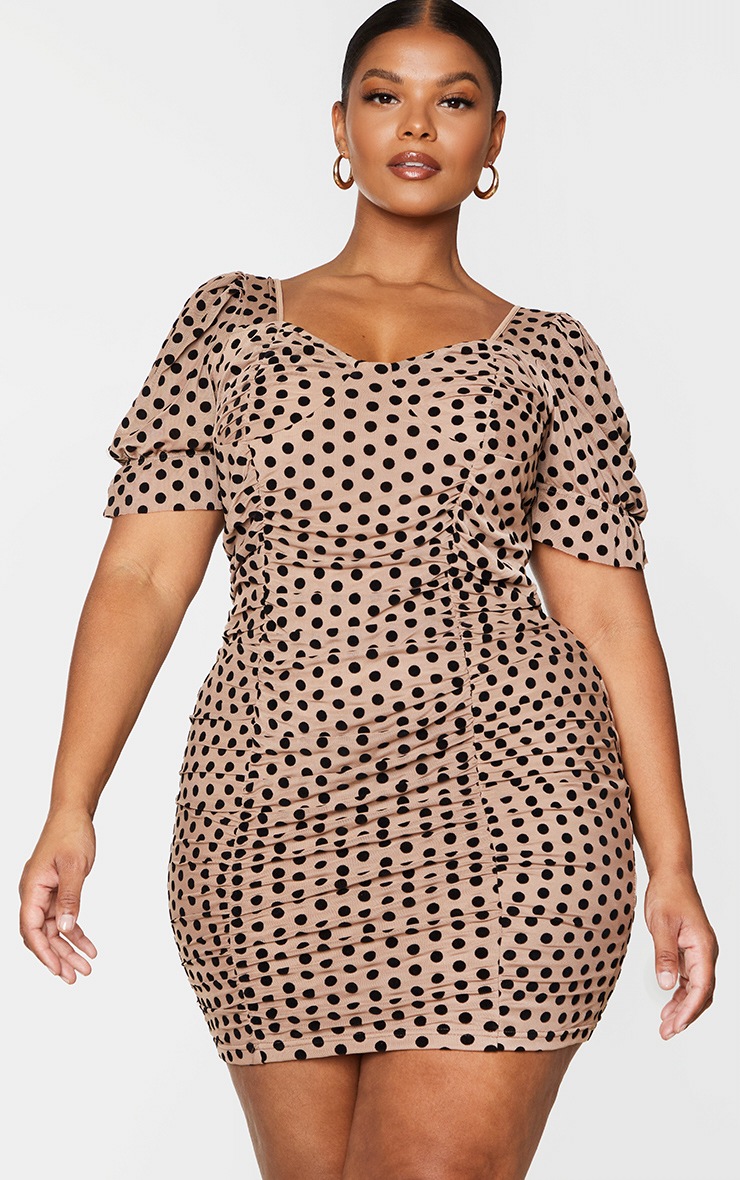 Plus Brown Polka Dot Short Sleeve Mesh Ruched Bodycon Dress