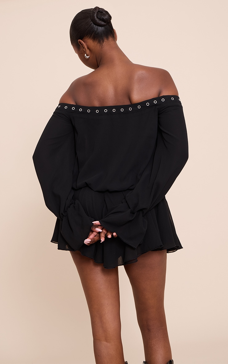 Black Chiffon Long Sleeve Bardot Floaty Romper image 2