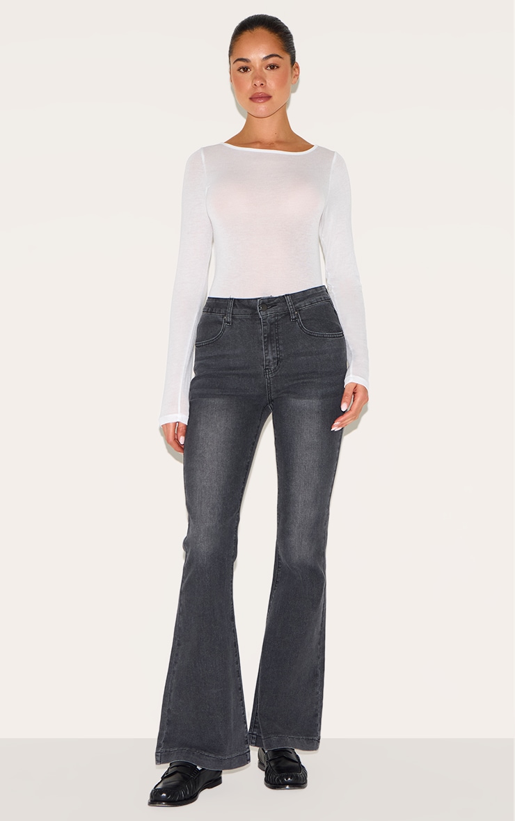 Washed Grey Seam Detail Stretch Denim Flared Jeans image 2