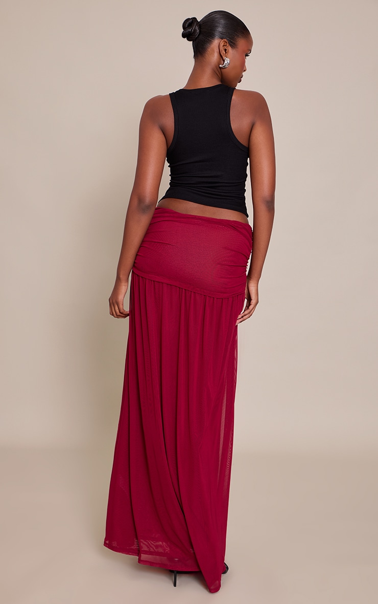 Burgundy Mesh Twist Front Detail Floaty Maxi Skirt  image 3