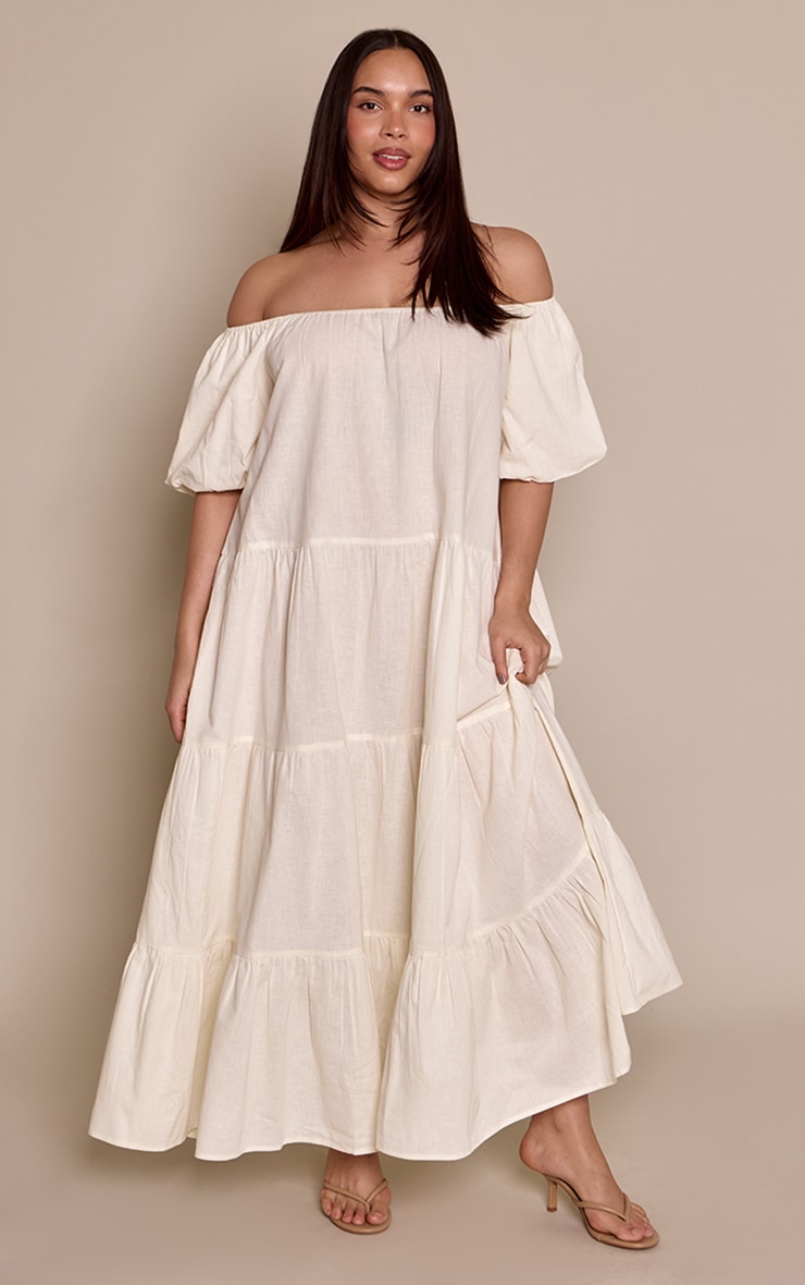 Plus Cream Linen Look Bardot Tiered Maxi Dress