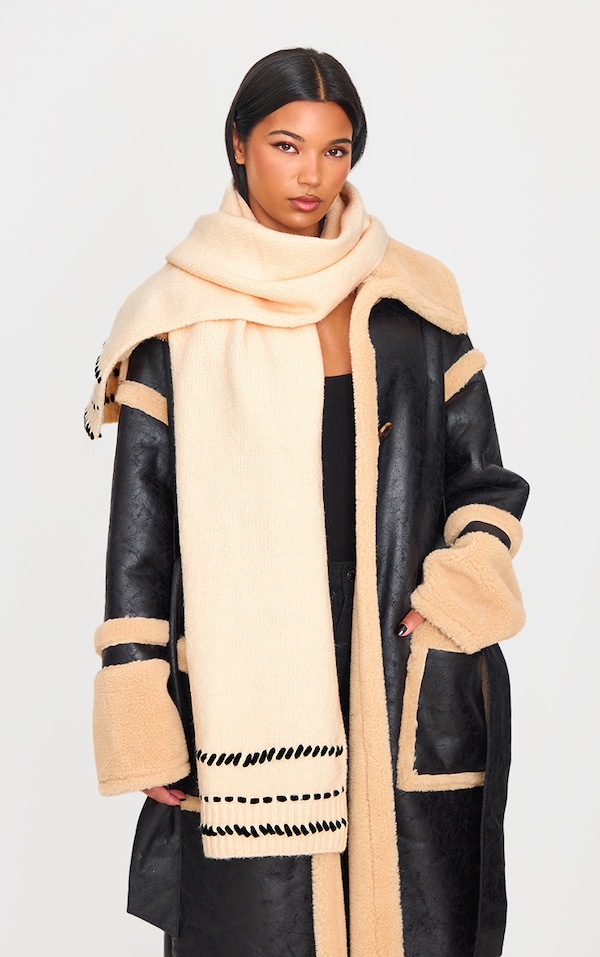 Cream Contrast Stitch Knit Scarf