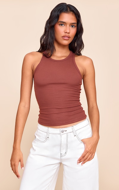 Chocolate Soft Rib Racer Neck Vest Top