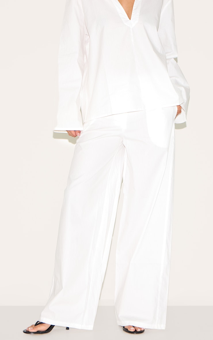 White Cotton Poplin Mid Rise Wide Leg Pants image 2