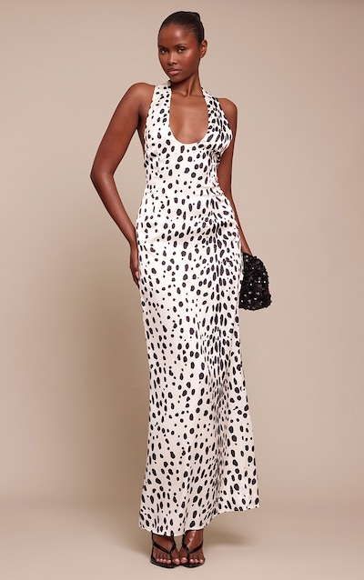 Dalmatian Printed Satin V Neck Cut Out Back Maxi Dress