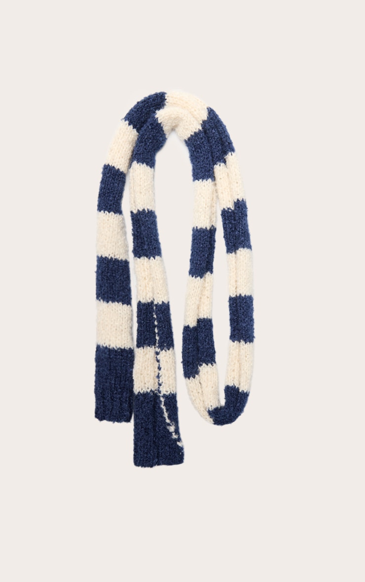 Navy Striped Cream Skinny Knit Scarf | Accessories | PrettyLittleThing USA, image size:740x1180