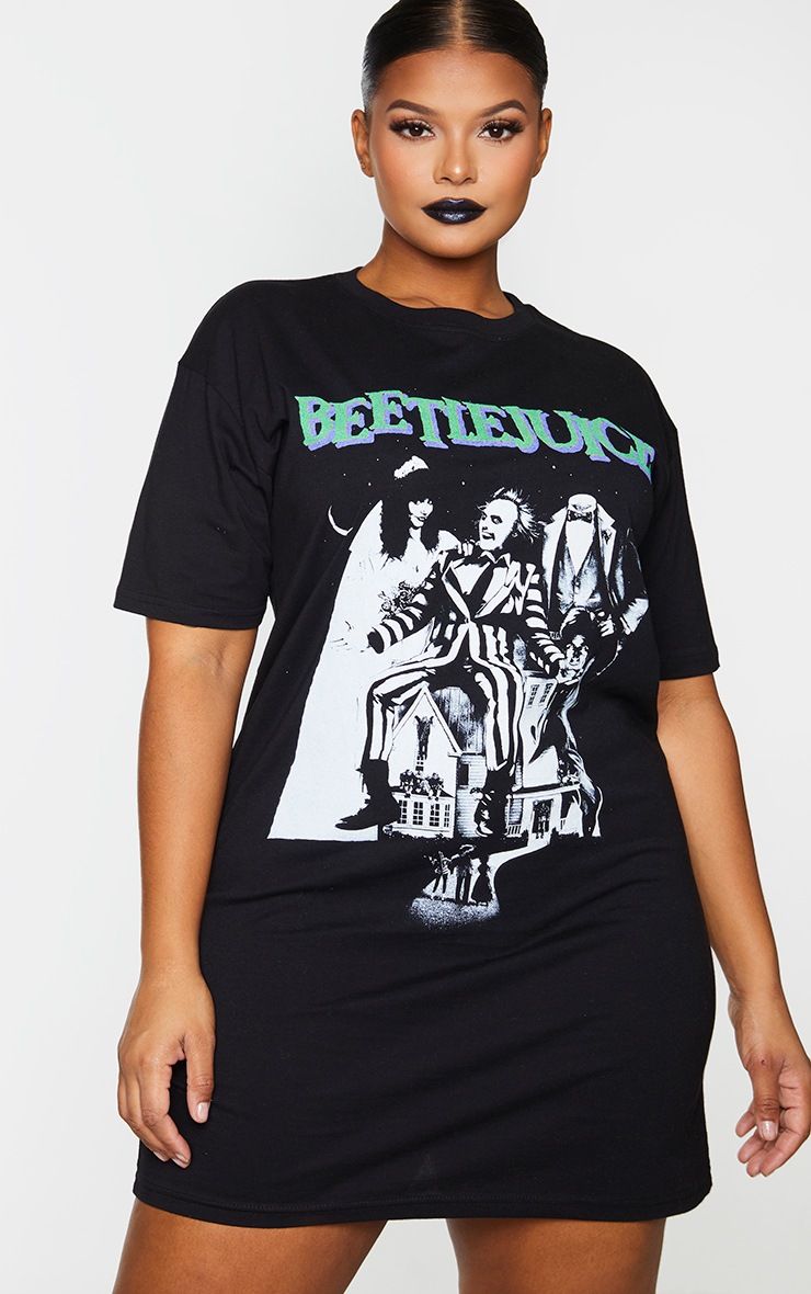 Plus Black Beetlejuice Print T Shirt Dress