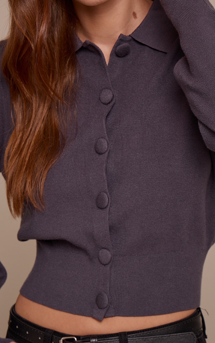Charcoal Compact Knit Fabric Covered Button Cardigan image 4