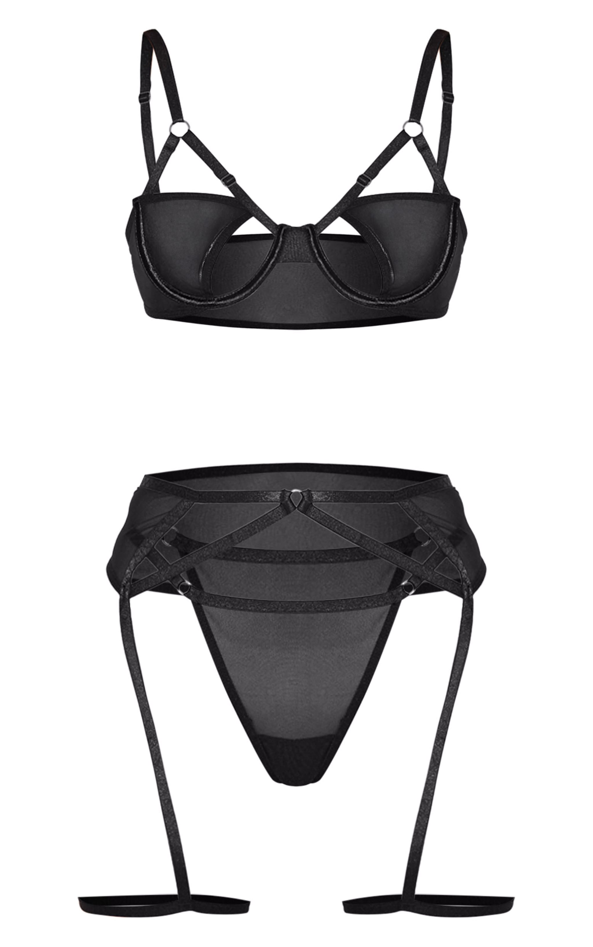 Black Mesh Strapping Detail 3 Piece Lingerie Set image 5