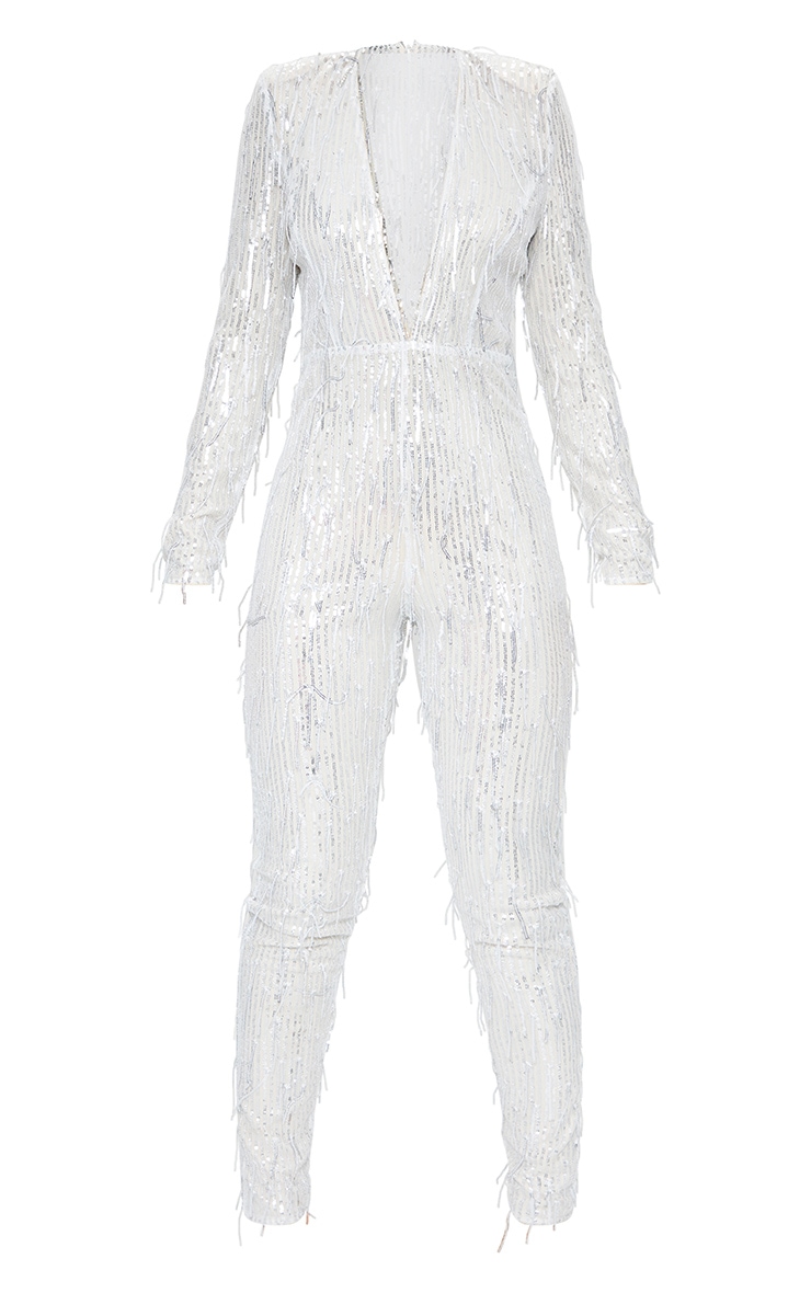 Silver Premium Tassel Sequin Shoulder Pad Jumpsuit PrettyLittleThing