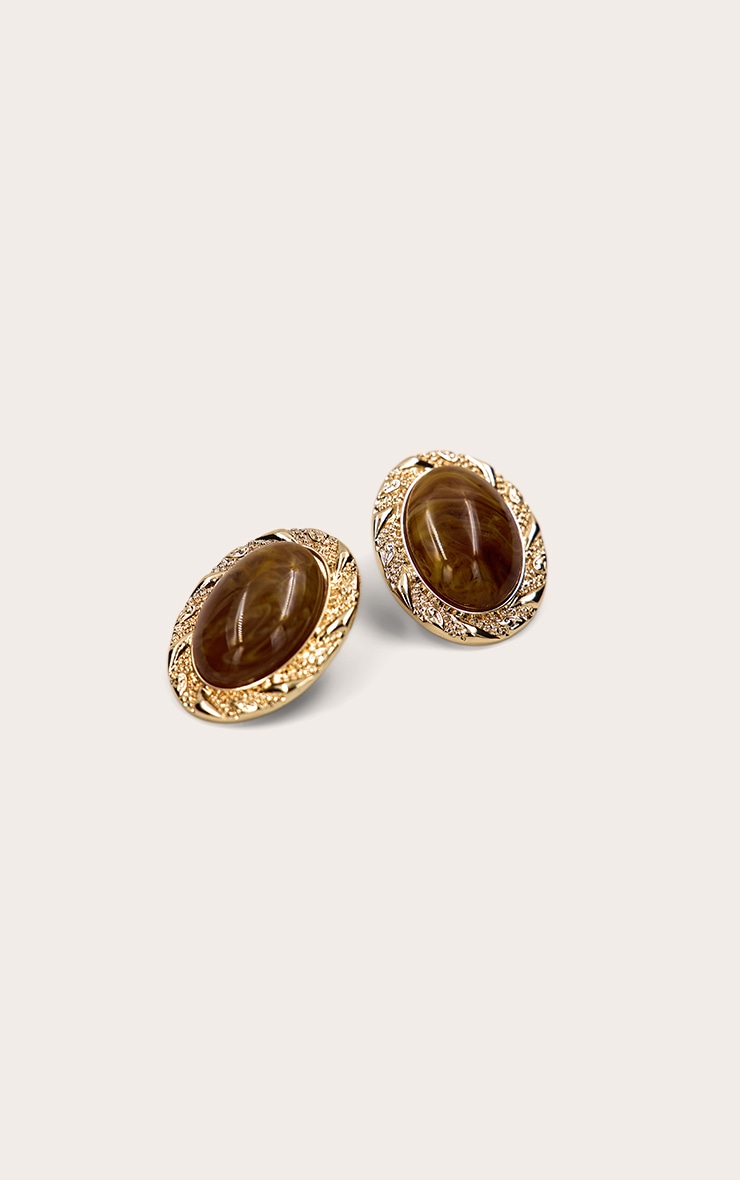 Gold Textured Smokey Brown Resin Oval Earrings image 3