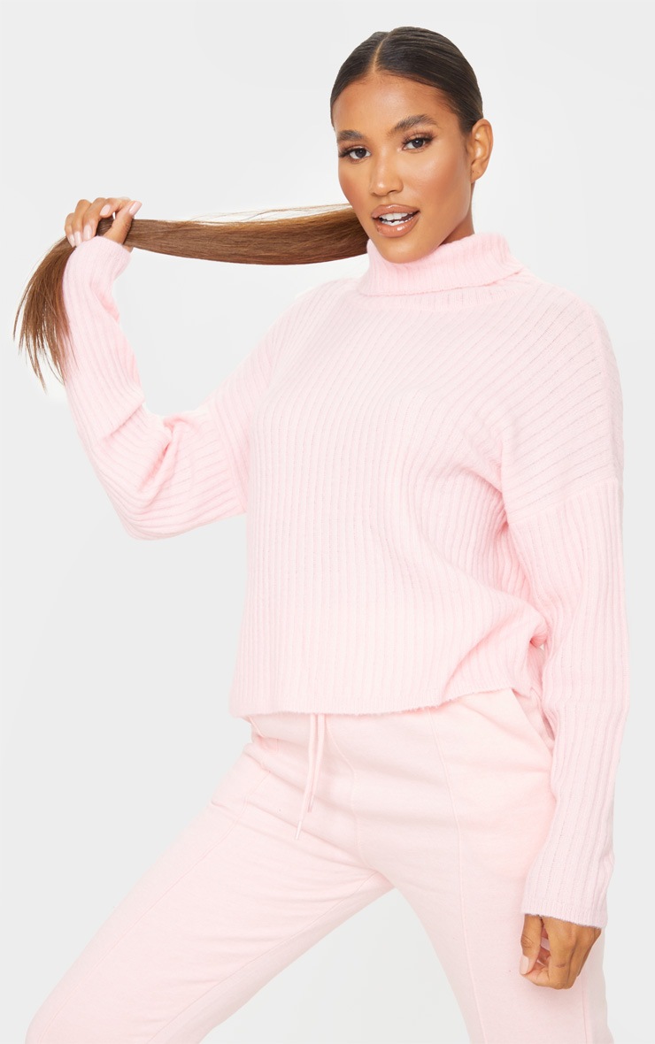 Pink Ribbed Roll Neck Textured Yarn Jumper