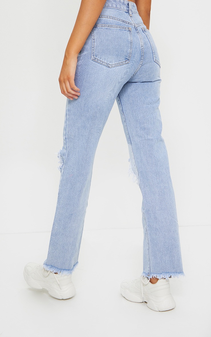 Bleach Wash High Rise Distressed Straight Leg Jeans PrettyLittleThing