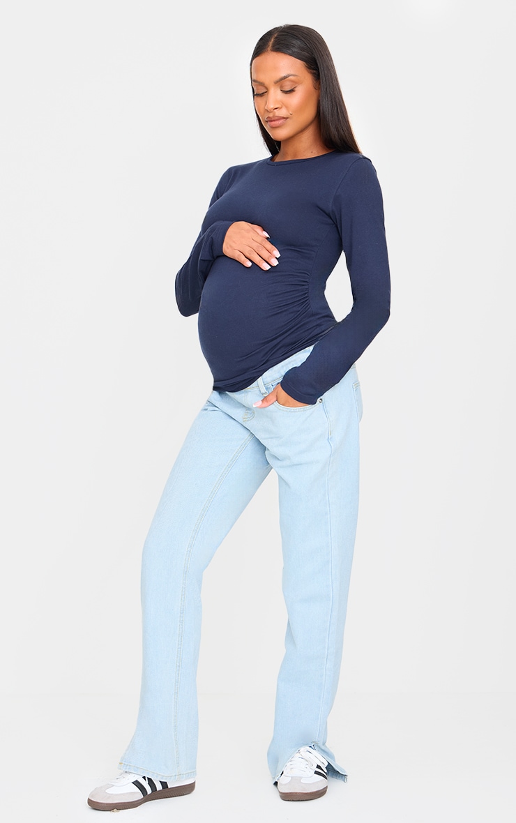 Maternity Navy Crew Neck Long Sleeve Fitted Top image 3