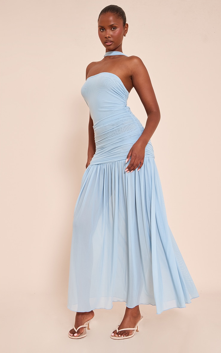 Light Blue Ruched Scarf Dropped Waist Maxi Dress image 3