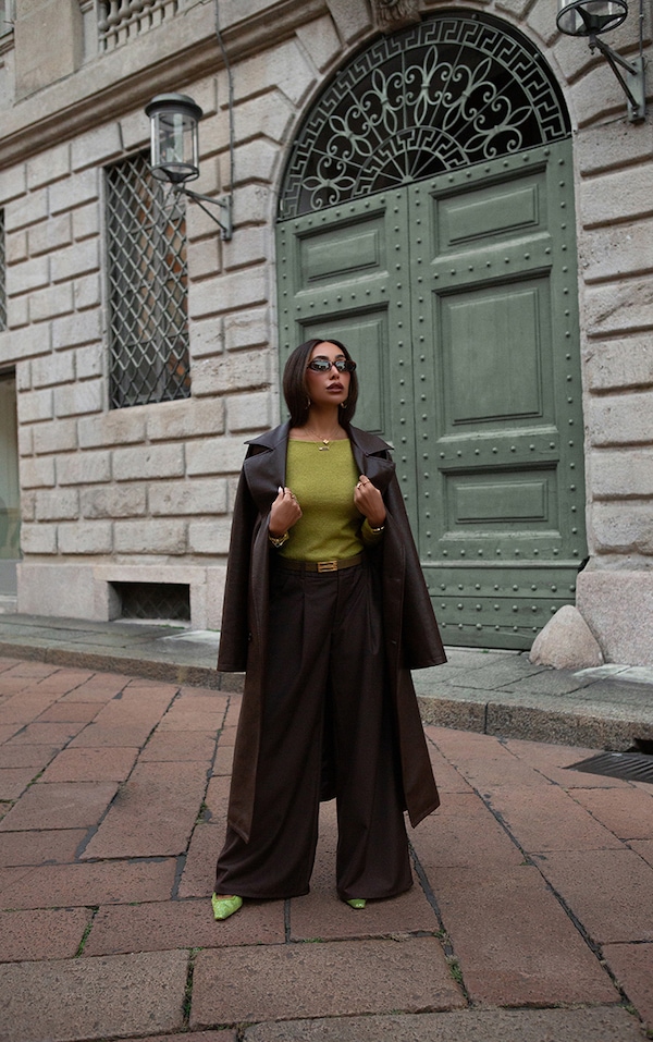 Pantalon large tissé chocolat à double plissures