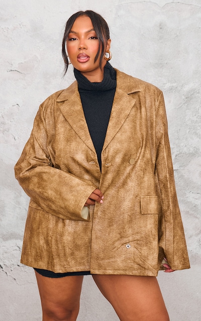 Plus Brown Distressed PU Oversized Shoulder Pad Blazer