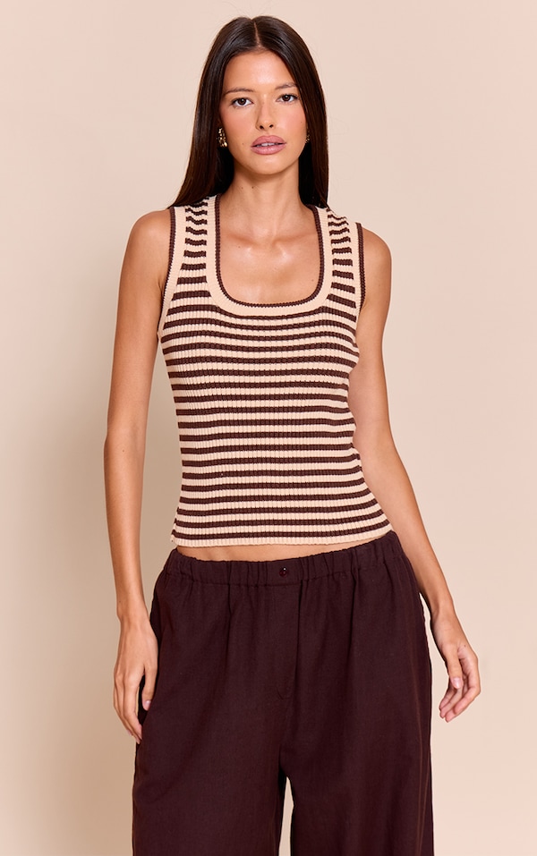 Brown Scooped Neck Striped Ribbed Vest