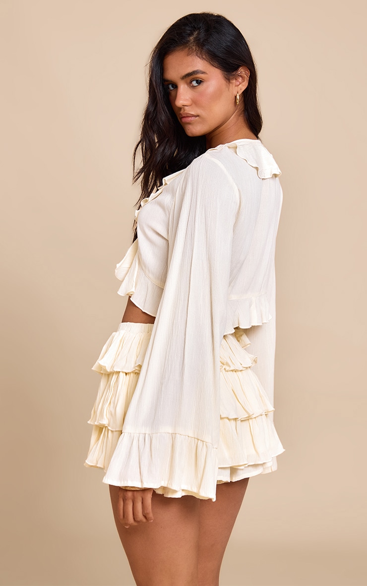 Butter Yellow Cheesecloth Ruffle Tie Front Long Sleeve Top image 2
