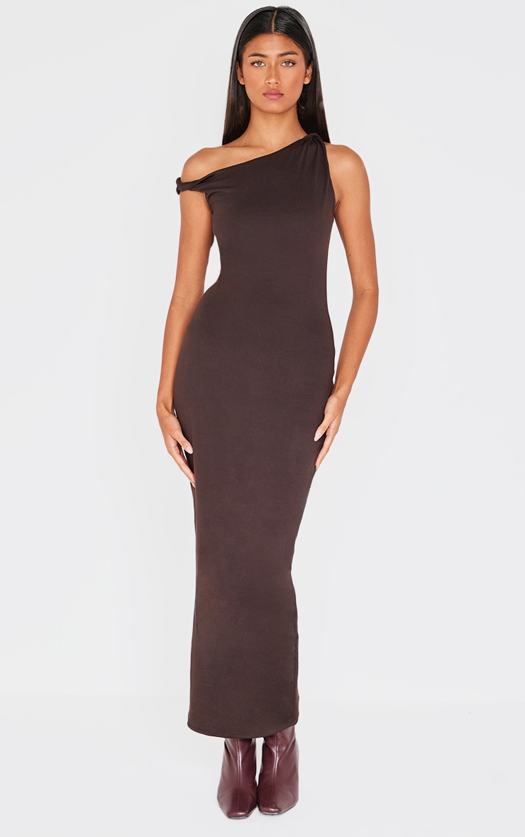 Robe longue doublée chocolat à contours et épaules torsadées image 1