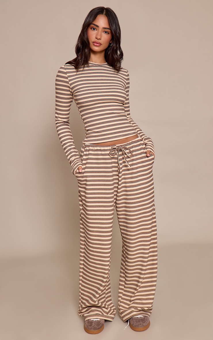 Petite Beige Striped Soft Fleece Straight Leg Sweatpants image 1