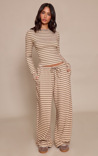 Petite Jogging droit en polaire douce beige à rayures