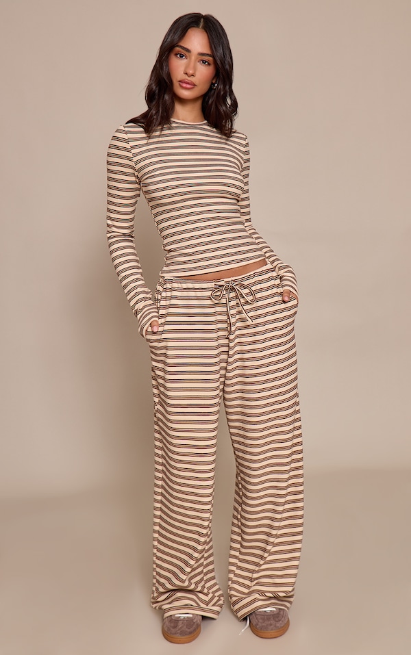 Petite Beige Striped Soft Fleece Straight Leg Track Pants