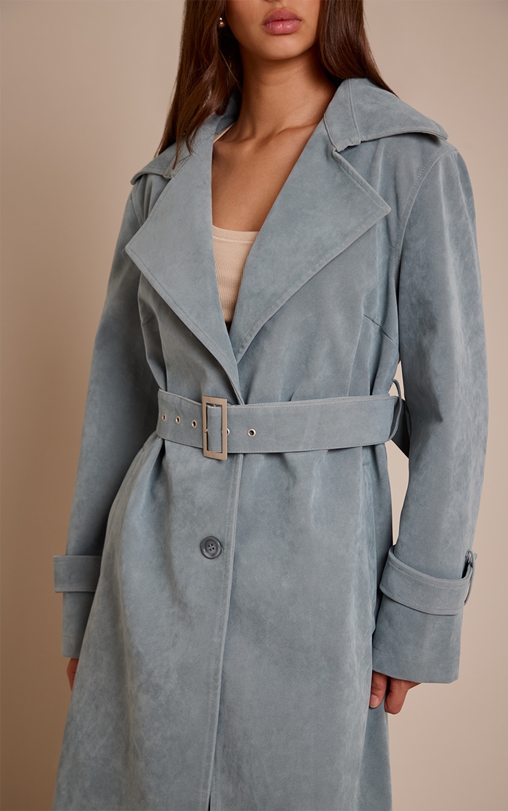 Dusty Blue Faux Suede Belted Trench Coat image 4