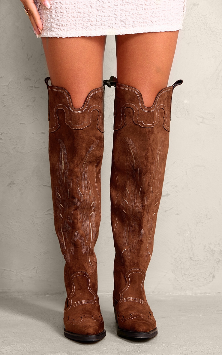 Brown Contrast Stitch Over The Knee Western Boots Footwear PrettyLittleThing