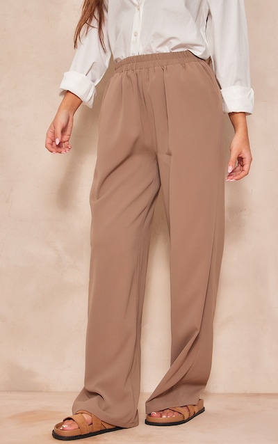 Taupe Woven Elasticated Waist Straight Leg Trousers