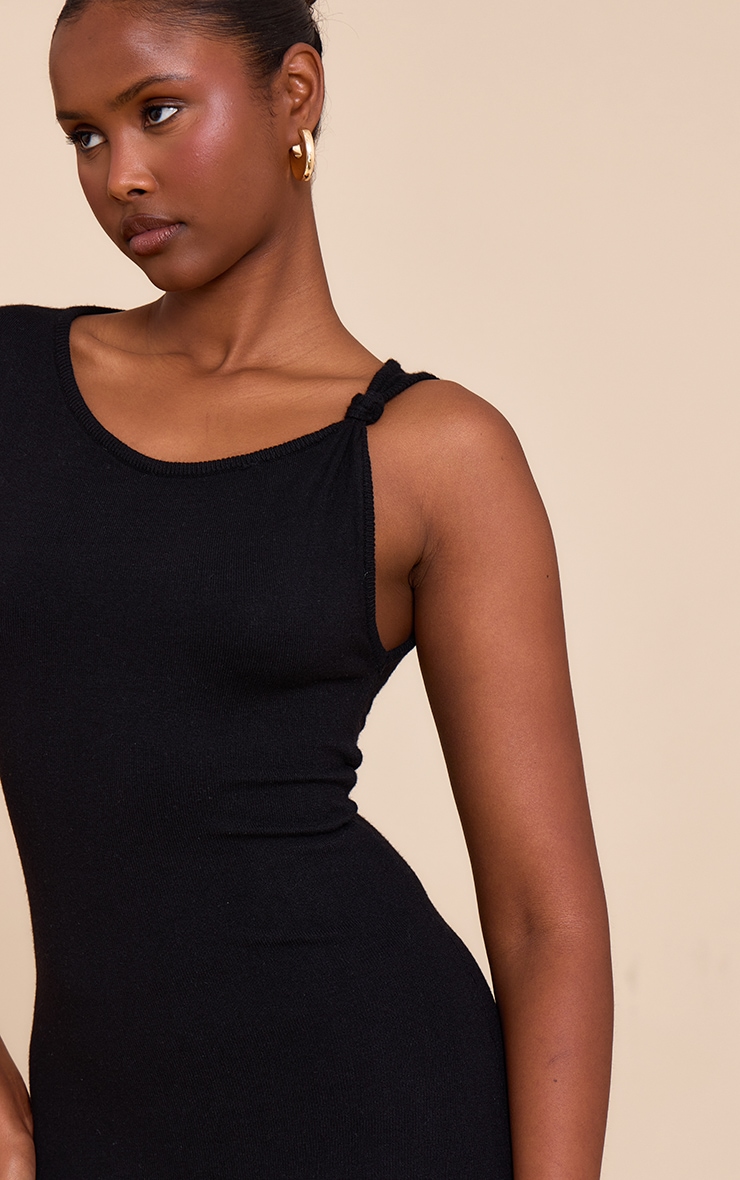 Black Knit Asymmetric Knot Detail Mini Dress image 4