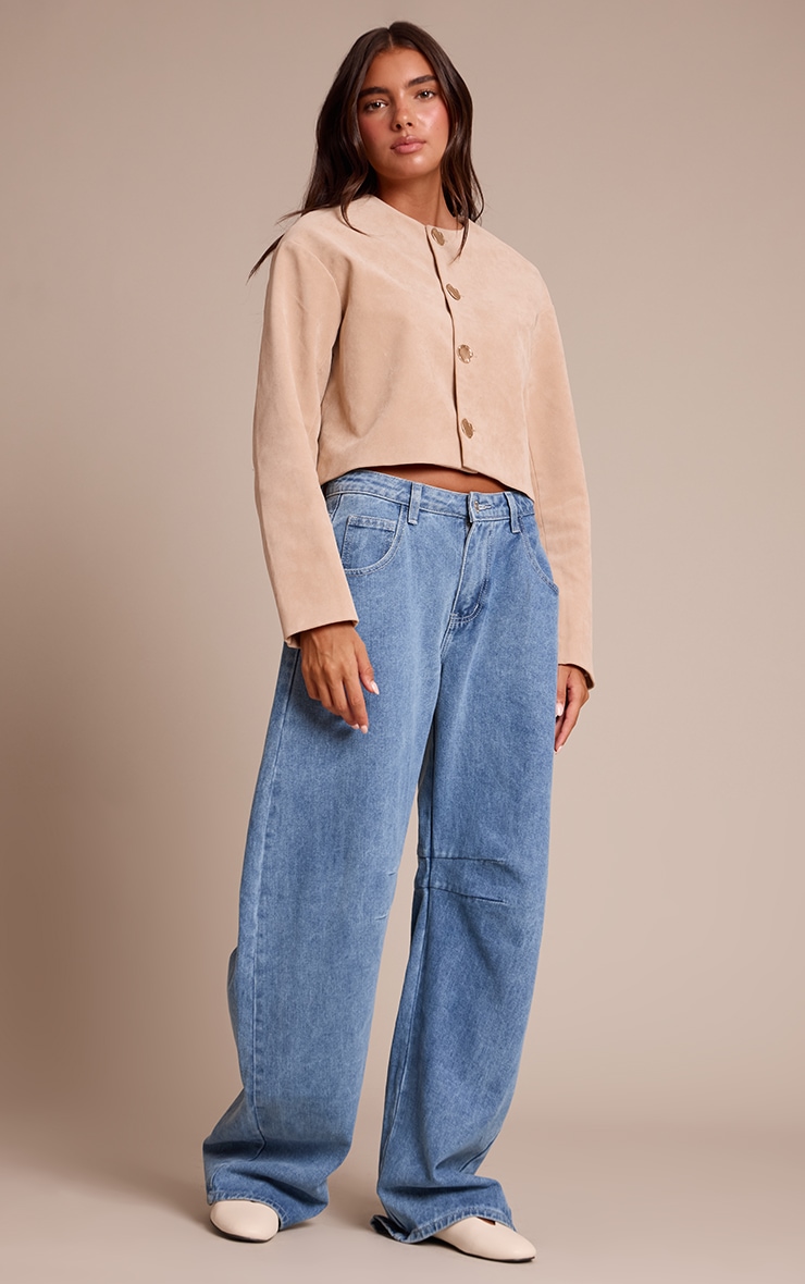 Sand Round Neck Gold Button Suede Jacket image 3