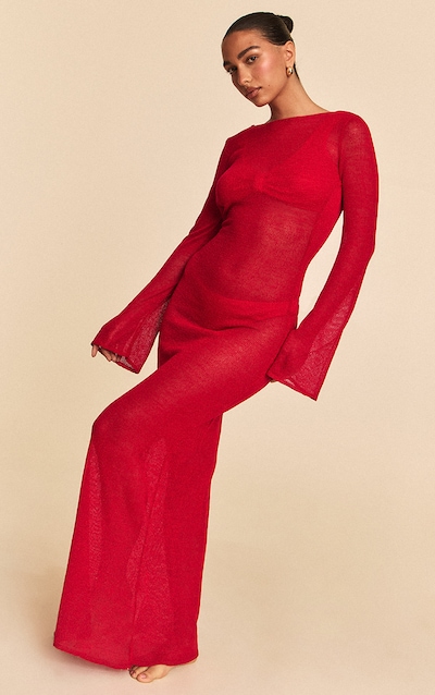 Robe de plage longue en maille filigrane rouge à dos nu