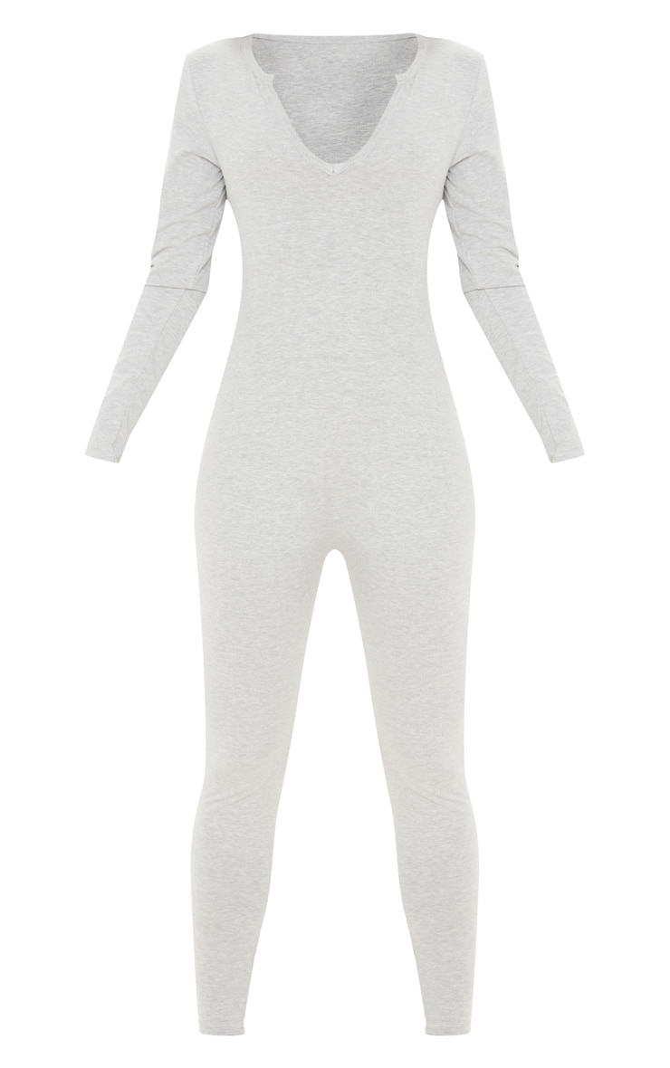 Grey Seamless Cotton Elastane V Neck Jumpsuit PrettyLittleThing
