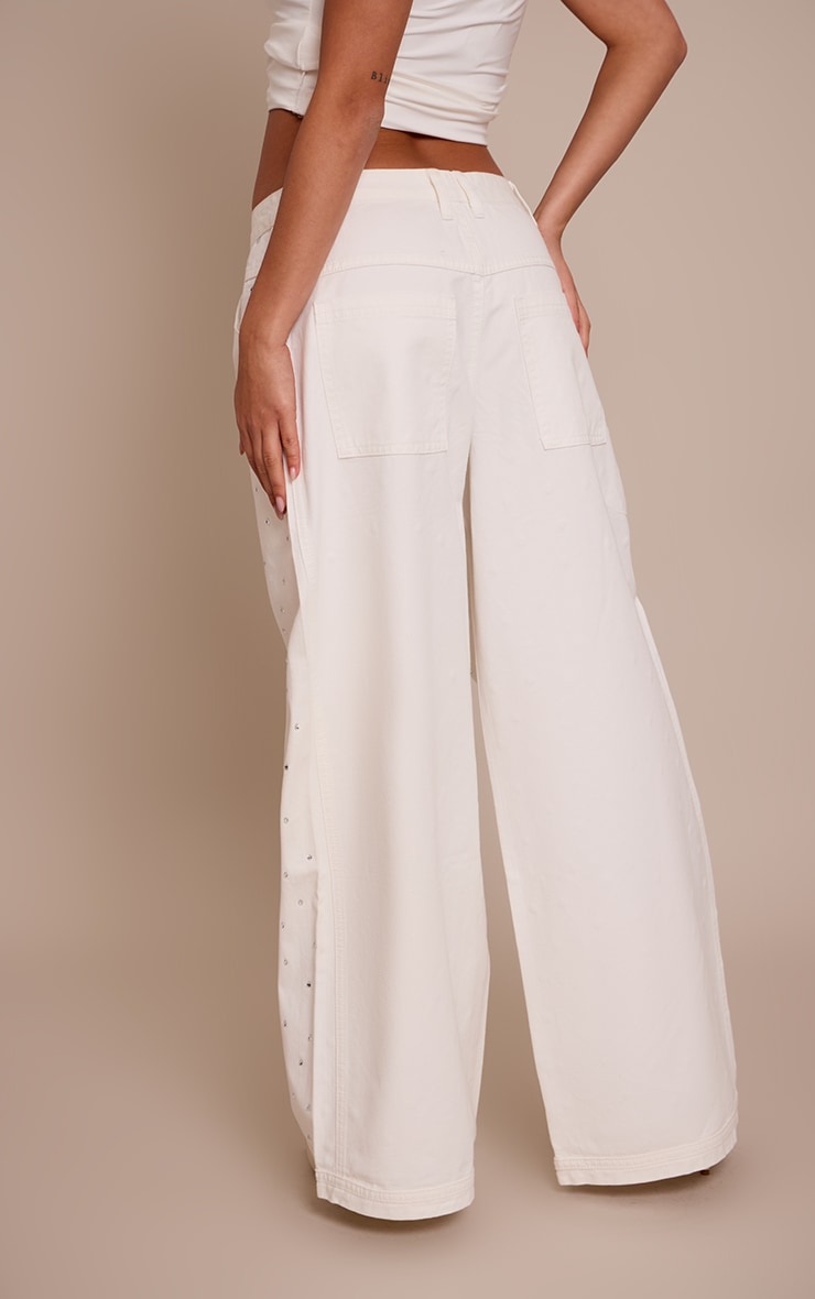 White Relaxed Low Rise Diamante Wide Leg Denim Jeans image 3