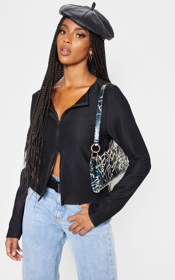 Black Jumbo Rib Double Zip Top