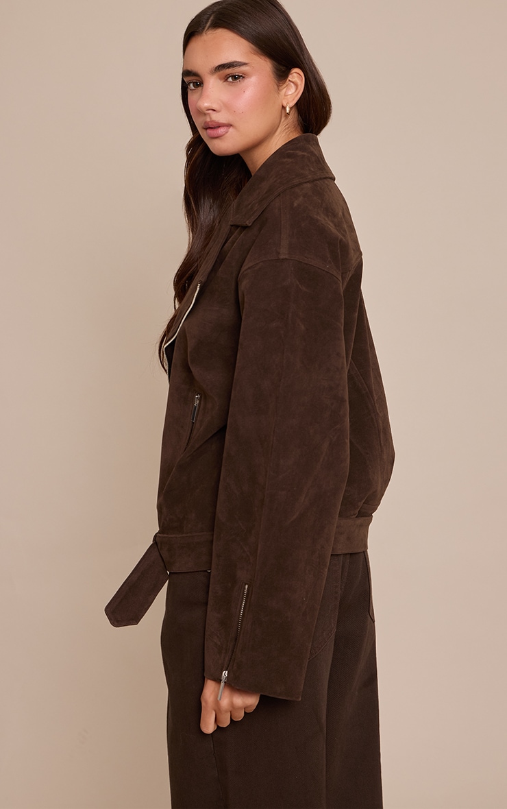 Dark Chocolate Faux Suede Oversized Biker Jacket image 2